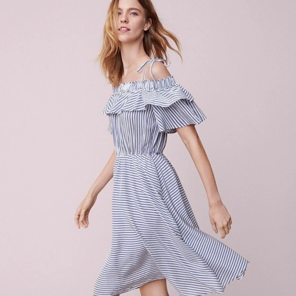 LOFT Striped Off the Shoulder Ruffle Dress